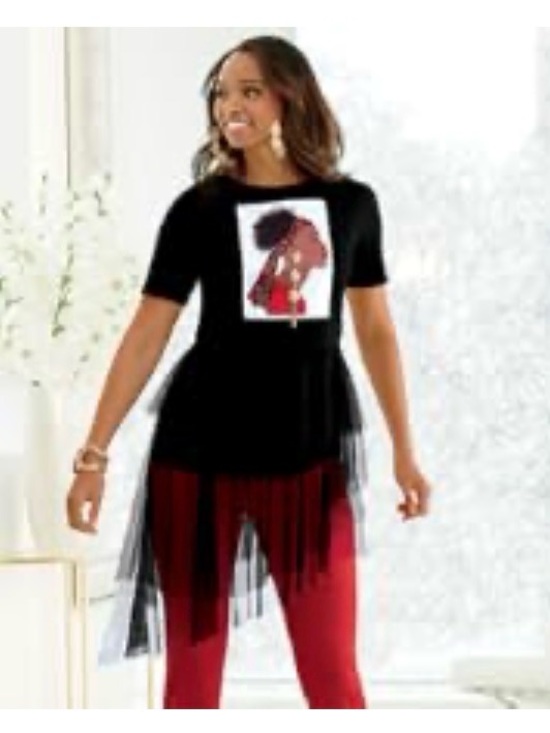 Ashro Tops - Ashro Kashmiri Top Size Medium Crew Neck Tee Printed Graphic Layered Mesh Hem